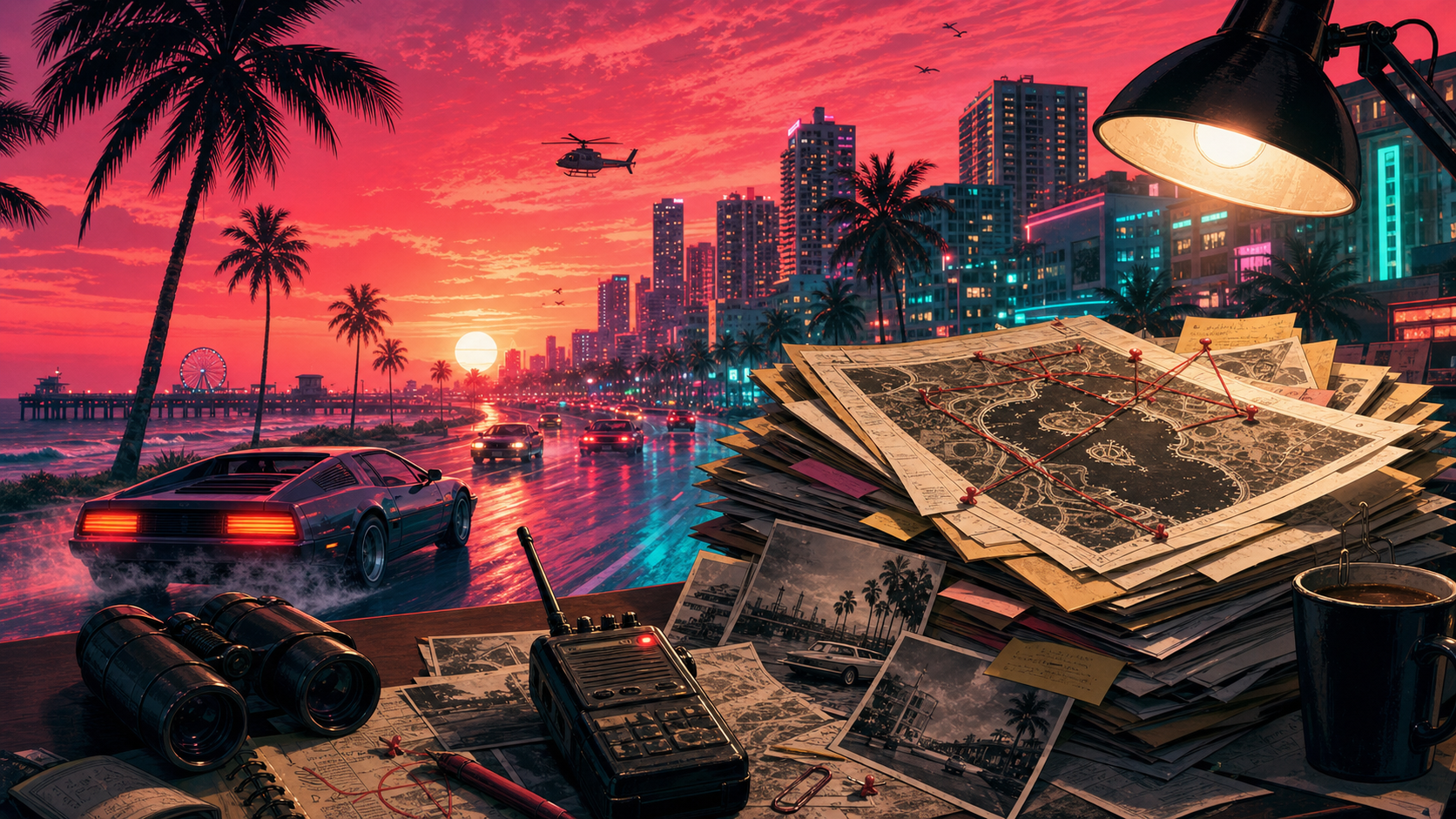 A neon coastal city and messy newsroom desk full of rumour files